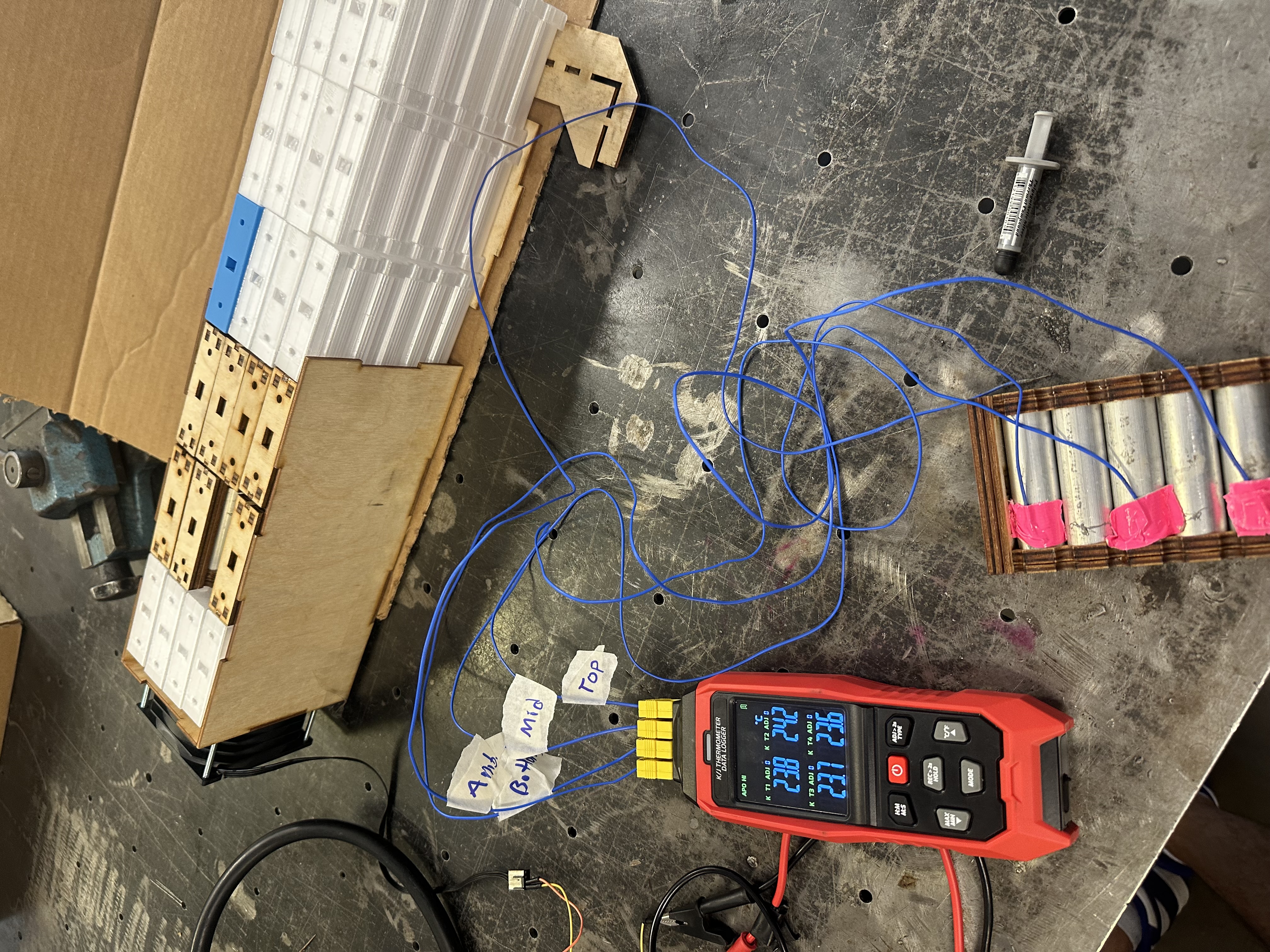 Test setup showing thermocouple placement and airflow configuration